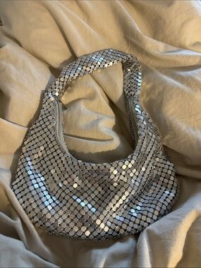 Silver Sequin Shoulder Bag with Shimmering Discs